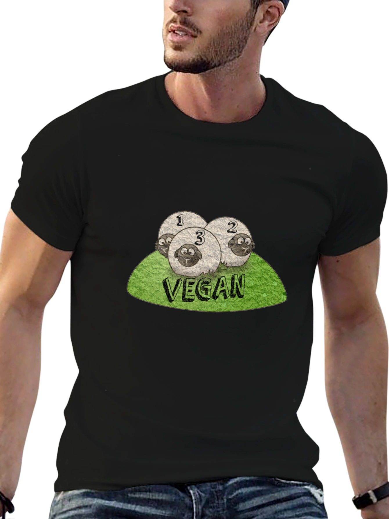 Camiseta Negra Vegana con Diseño de Ovejas Numeradas