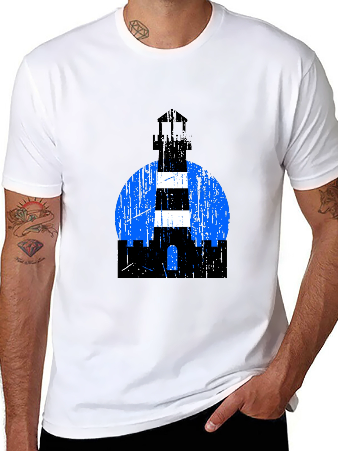 Camiseta Negra con Diseño de Faro Retro