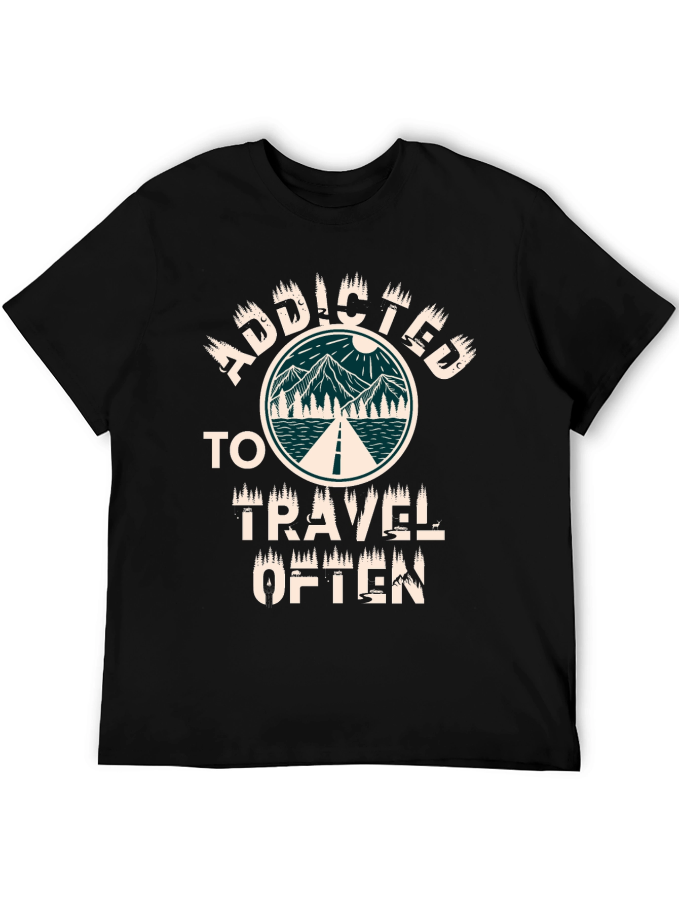 Camiseta Negra Adicto a Viajar con Diseño Montaña