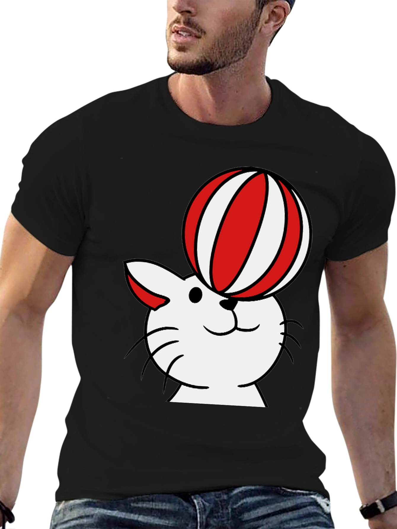 Camiseta Negra con Diseño de Gato Equilibrista