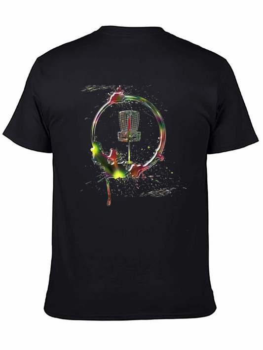 Camiseta Negra con Diseño de Cesta de Disc Golf Abstracta