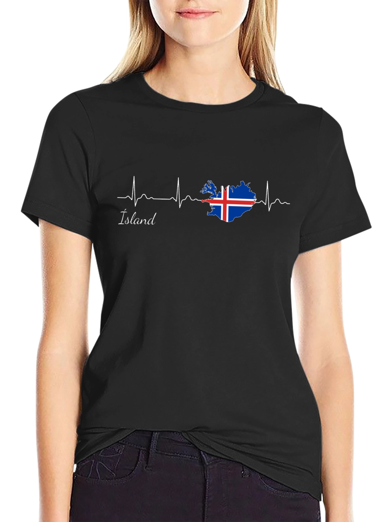 Camiseta Negra Islandia Latido del Corazón