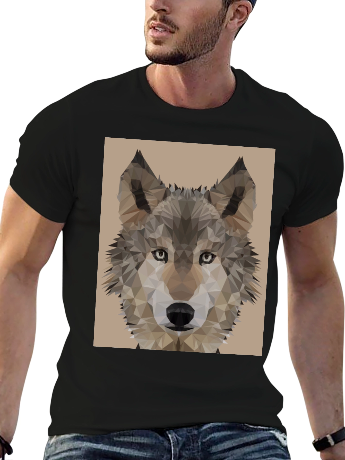 Camiseta Hombre Negra con Diseño Lobo Geométrico