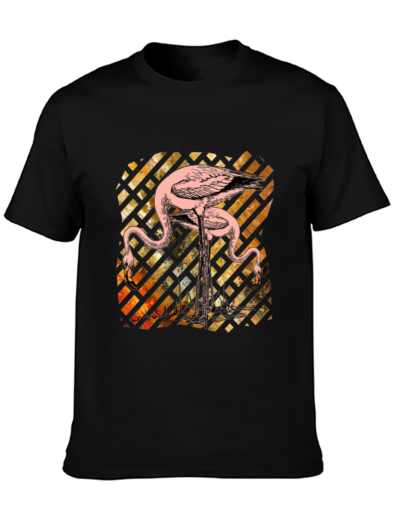 Camiseta Negra con Diseño de Flamencos Abstractos