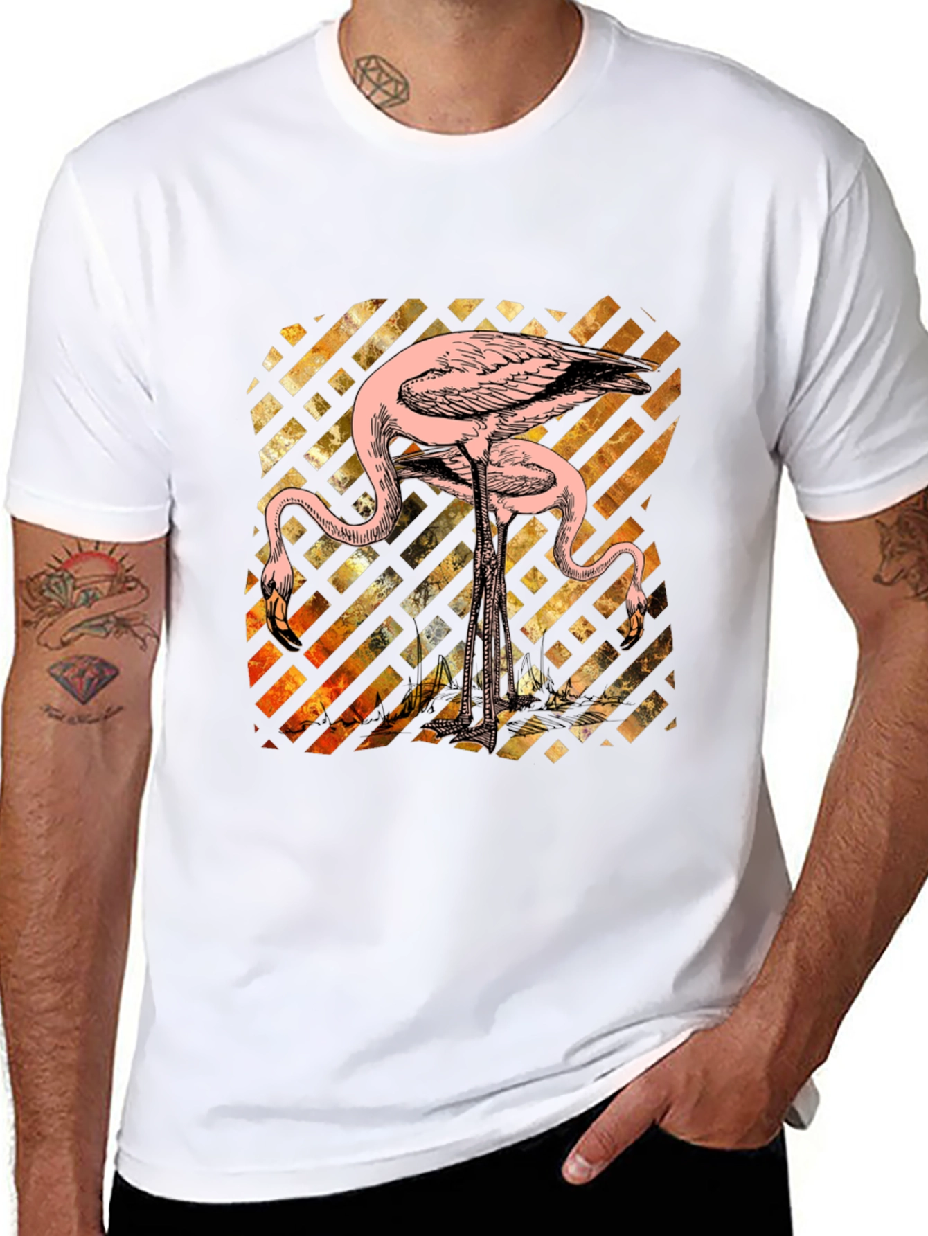 Camiseta Negra con Diseño de Flamencos Abstractos