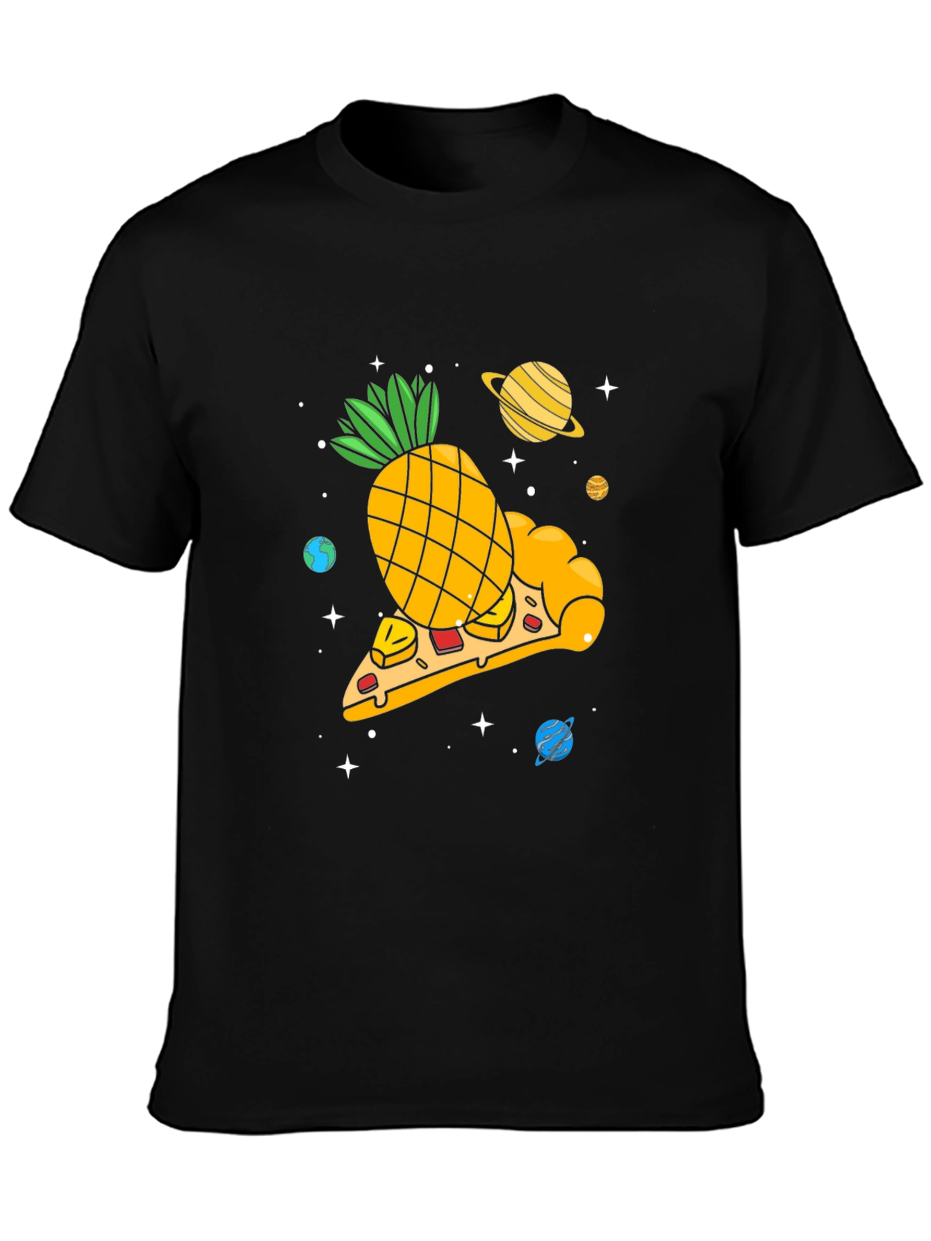 Camiseta Negra con Diseño Pizza Espacial de Piña