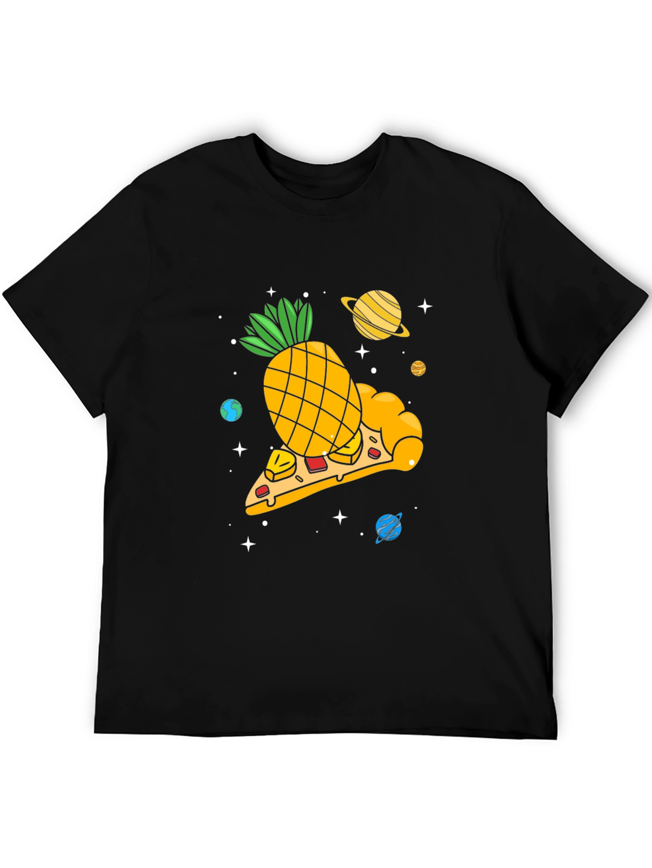 Camiseta Negra con Diseño Pizza Espacial de Piña