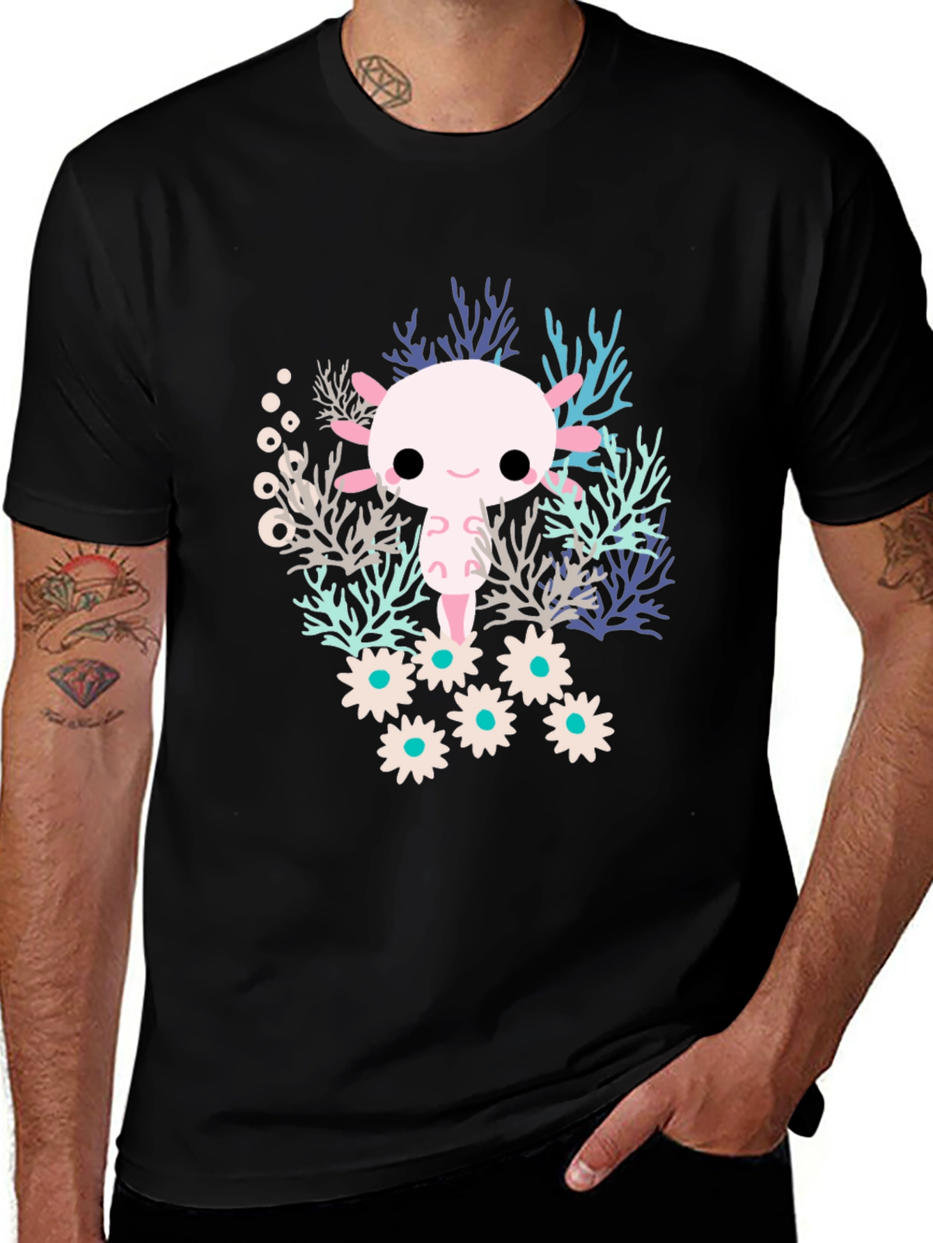 Camiseta Negra con Diseño de Ajolote Kawaii