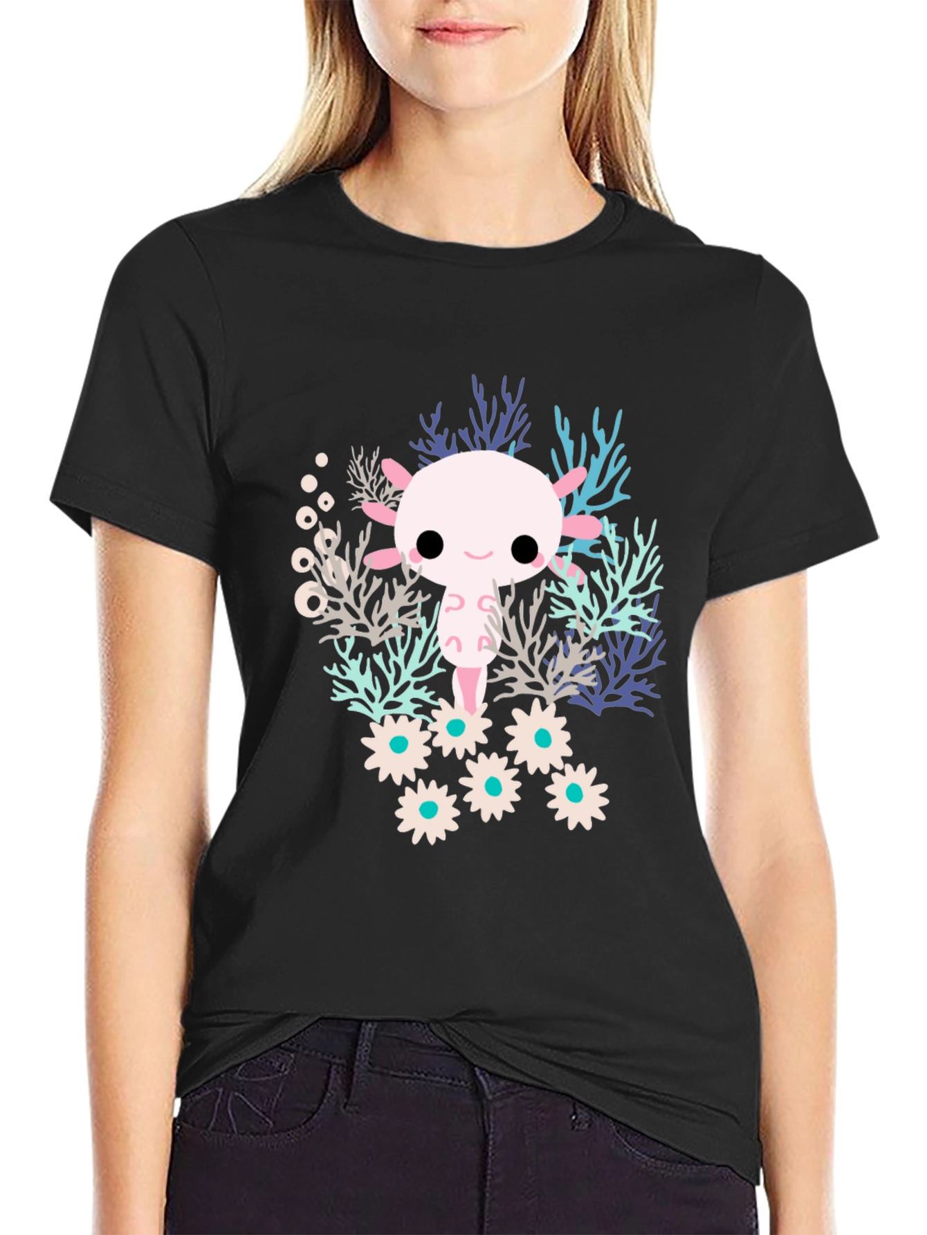 Camiseta Negra con Diseño de Ajolote Kawaii