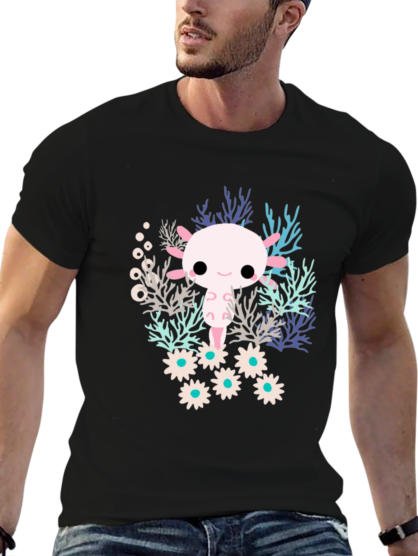 Camiseta Negra con Diseño de Ajolote Kawaii