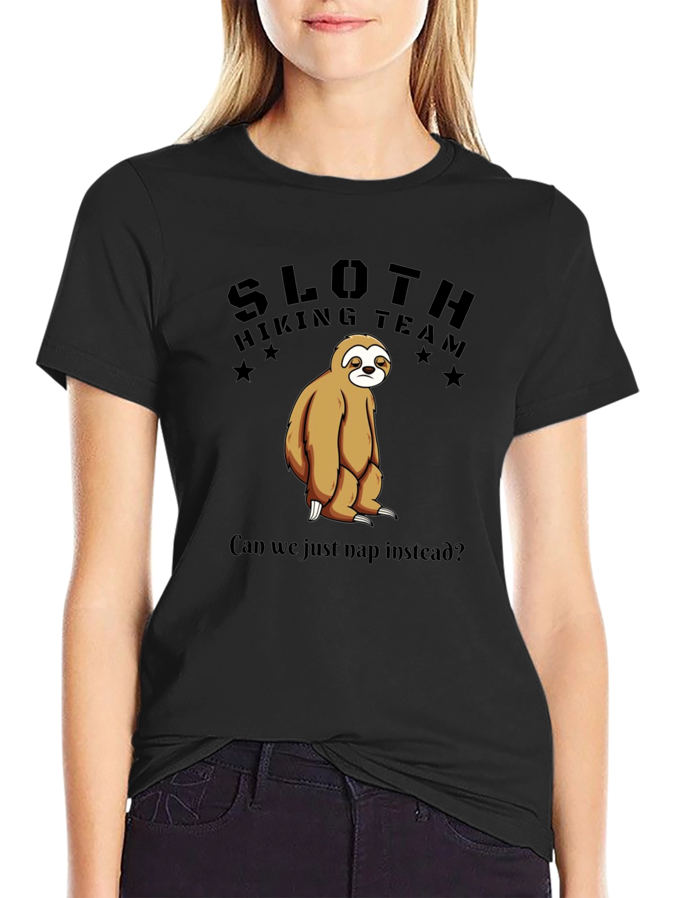 Camiseta Negra Sloth Hiking Team: ¡Nap Time!