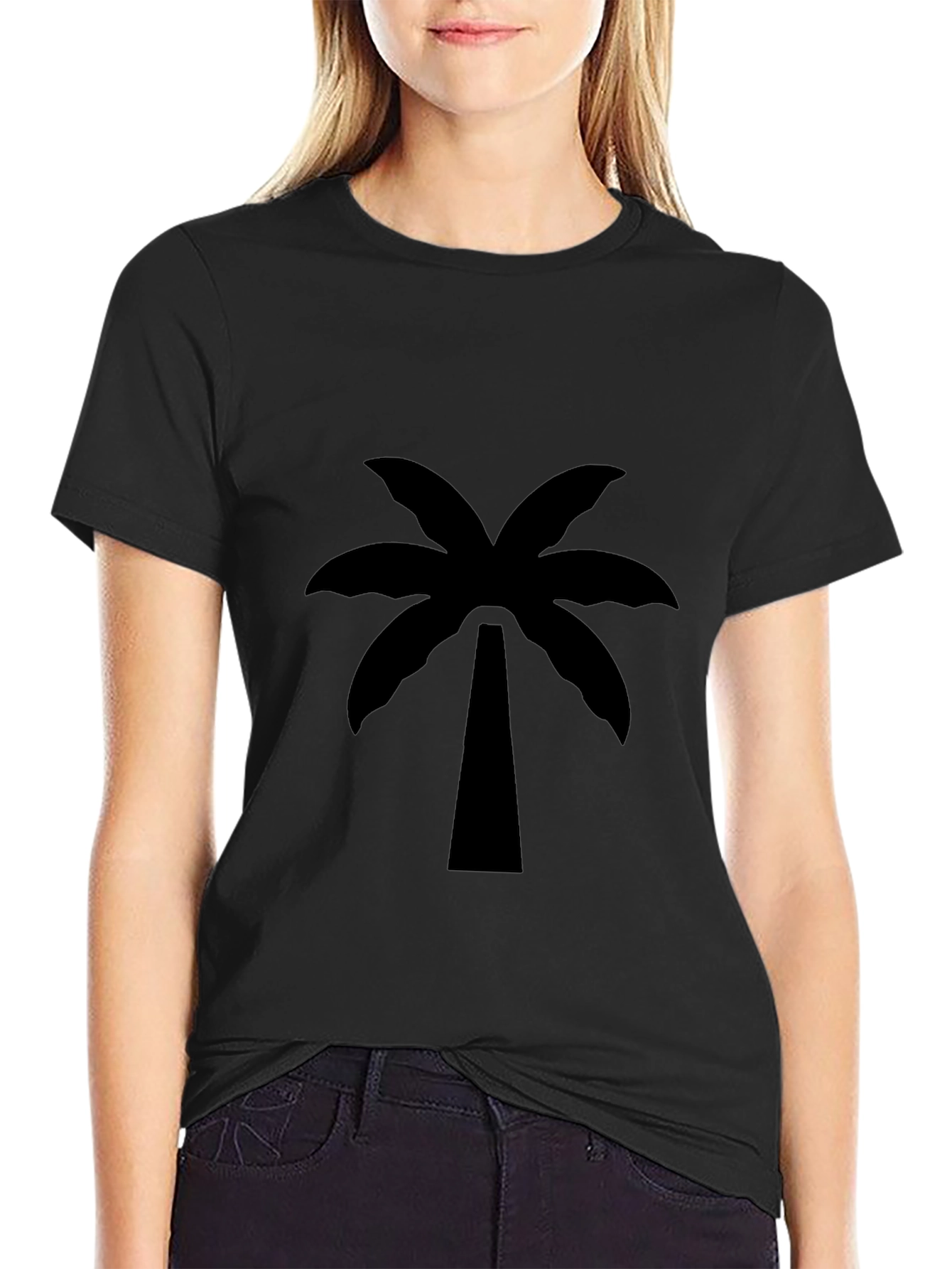 Camiseta Negra Estampada con Palmera Tropical