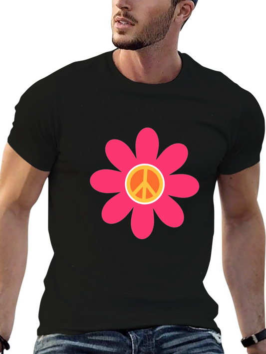 Camiseta Negra Flor Paz Estilo Hippie