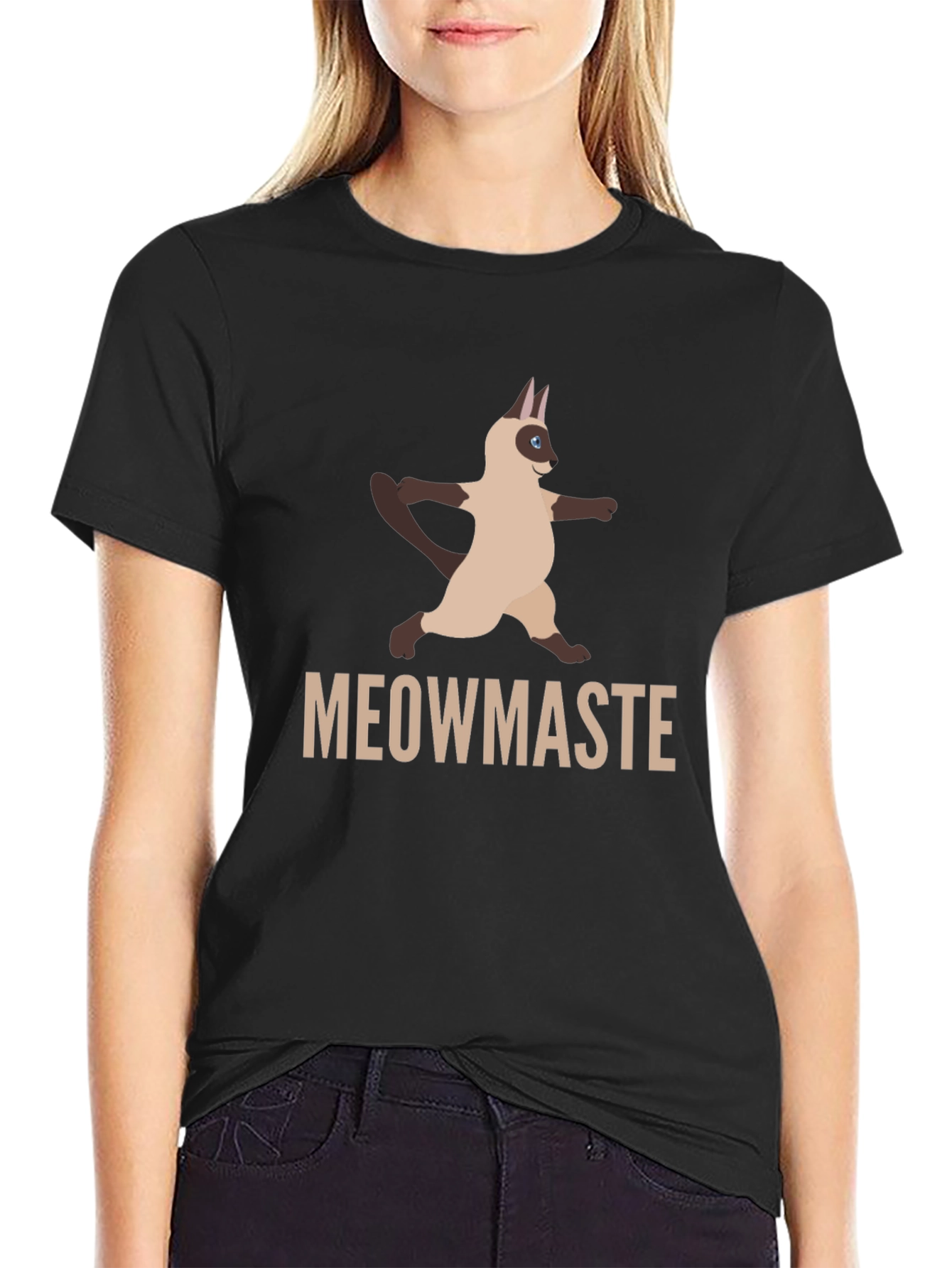 Camiseta Negra Meowmaste Yoga Gato Siamés Divertida