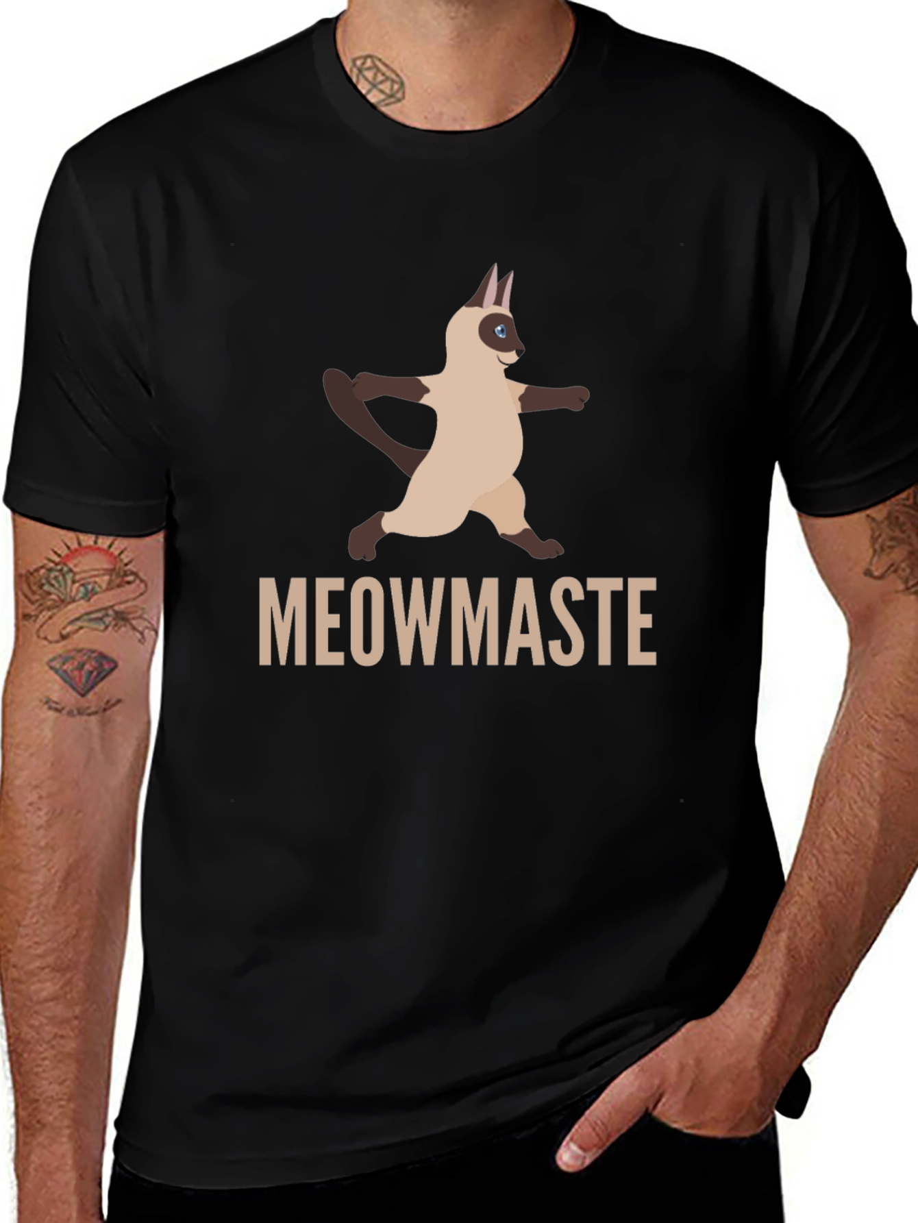 Camiseta Negra Meowmaste Yoga Gato Siamés Divertida