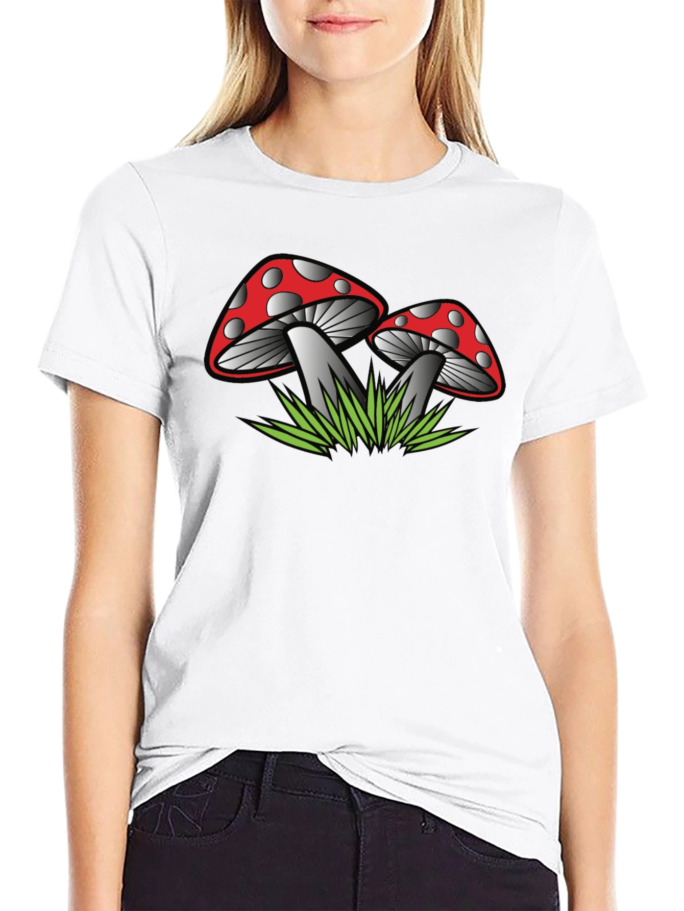 Camiseta Negra con Estampado de Hongos Rojos