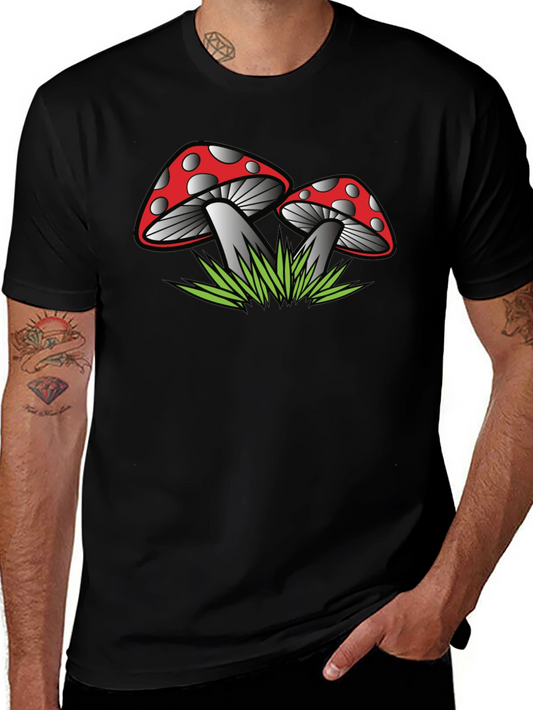 Camiseta Negra con Estampado de Hongos Rojos