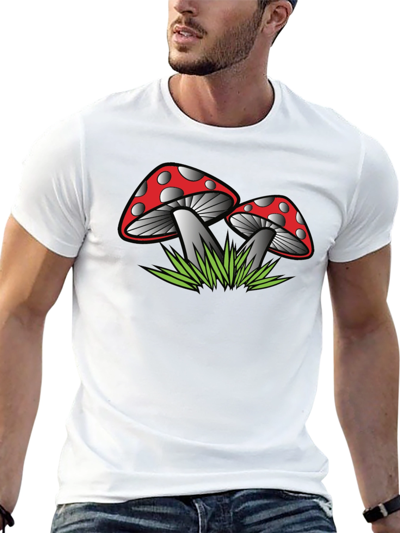 Camiseta Negra con Estampado de Hongos Rojos