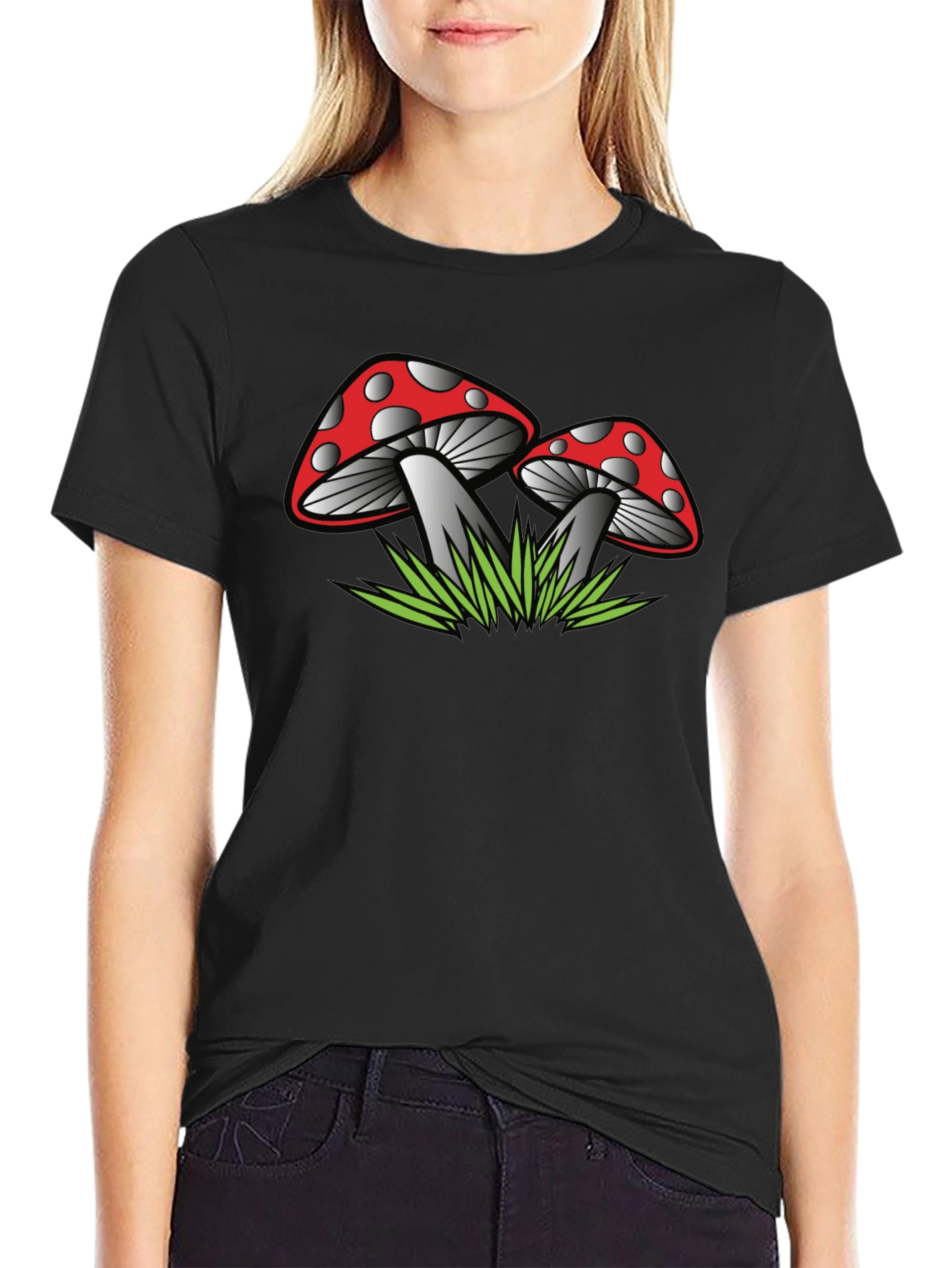 Camiseta Negra con Estampado de Hongos Rojos