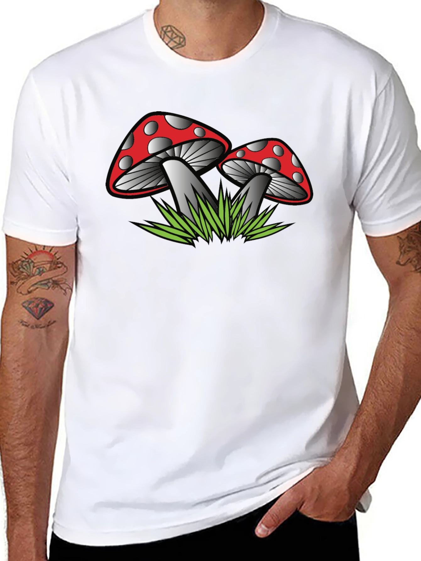 Camiseta Negra con Estampado de Hongos Rojos