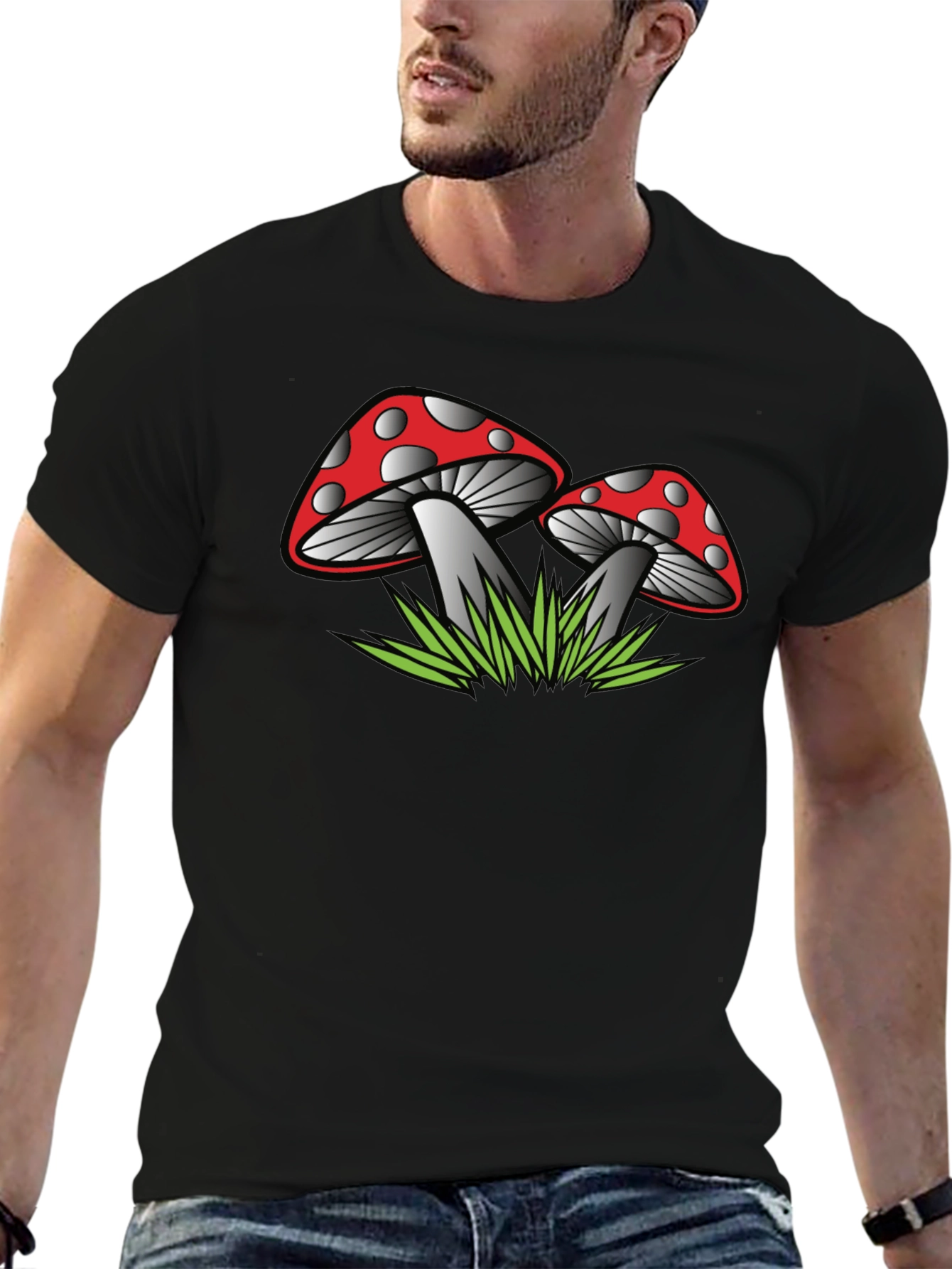 Camiseta Negra con Estampado de Hongos Rojos