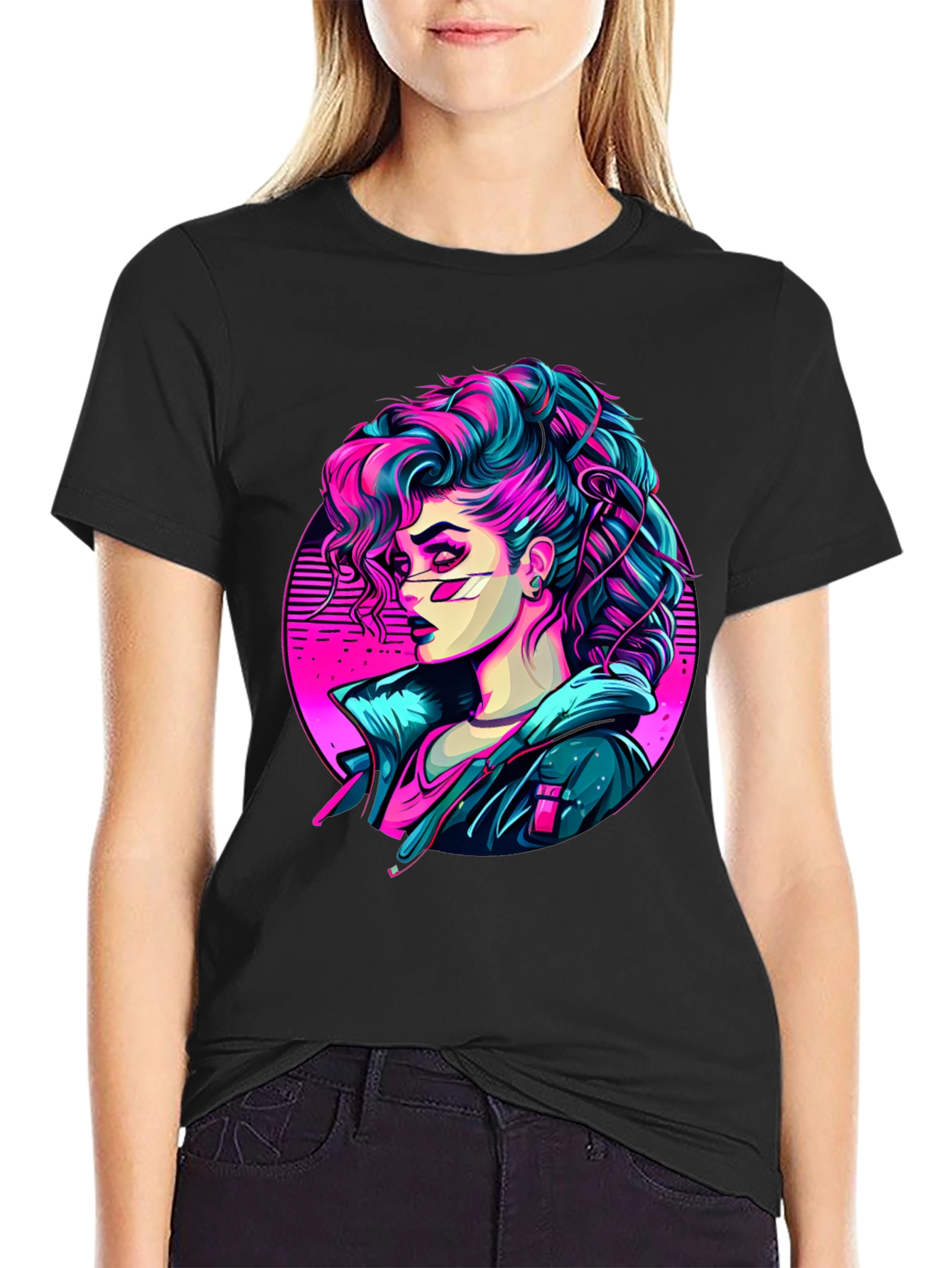 Camiseta Negra Mujer Cyberpunk Art