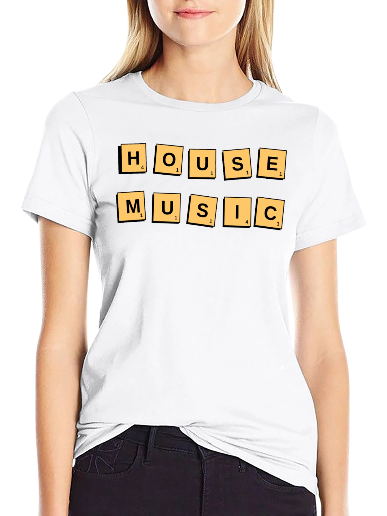 Camiseta Negra House Music Estilo Scrabble