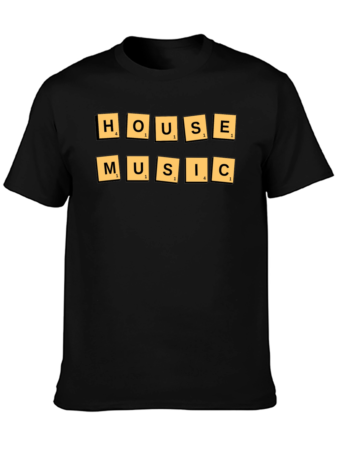 Camiseta Negra House Music Estilo Scrabble