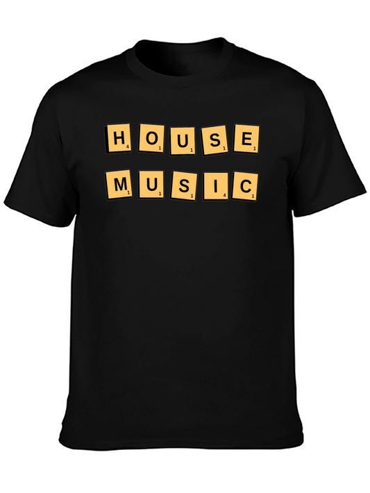 Camiseta Negra House Music Estilo Scrabble