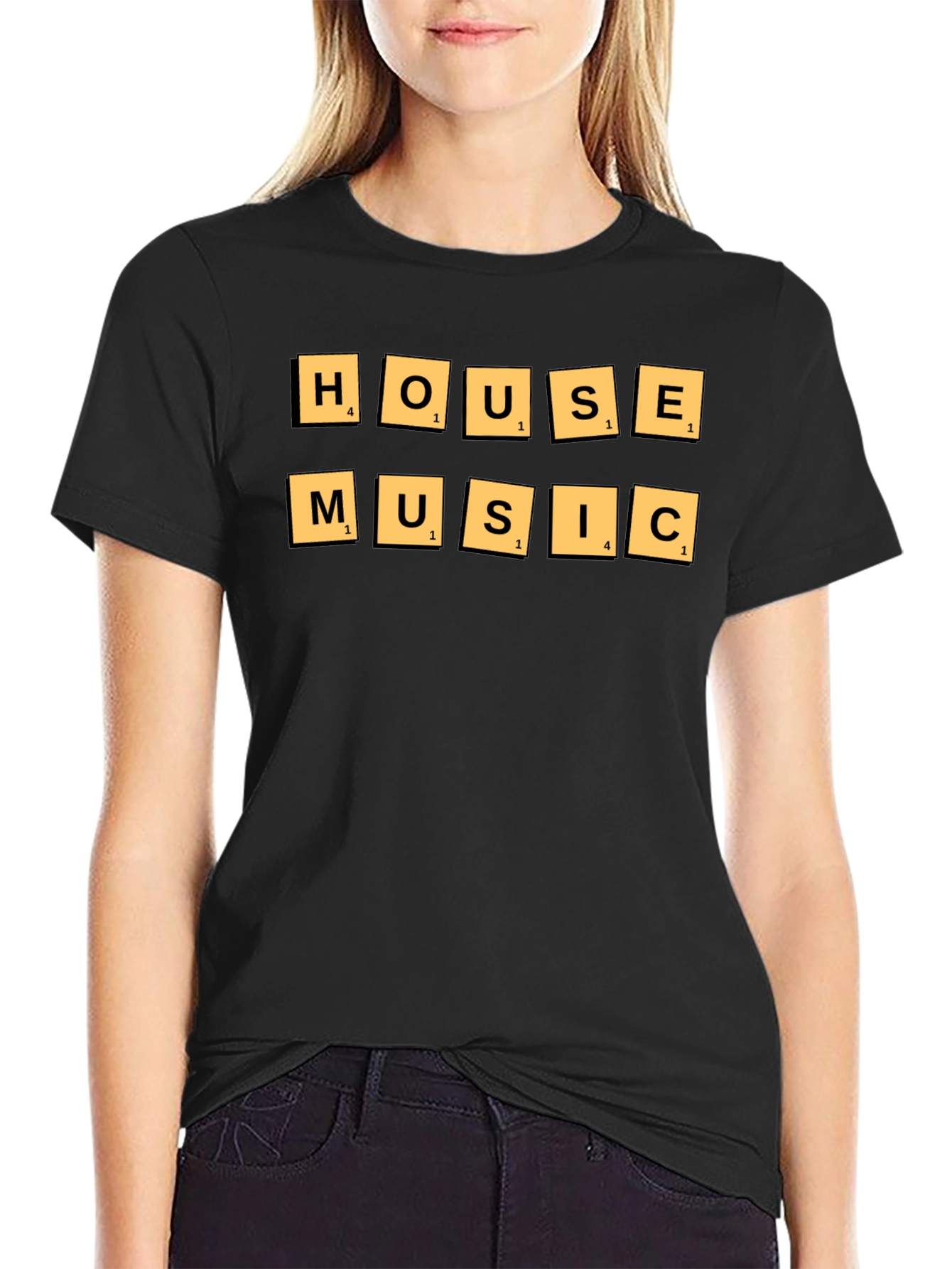 Camiseta Negra House Music Estilo Scrabble