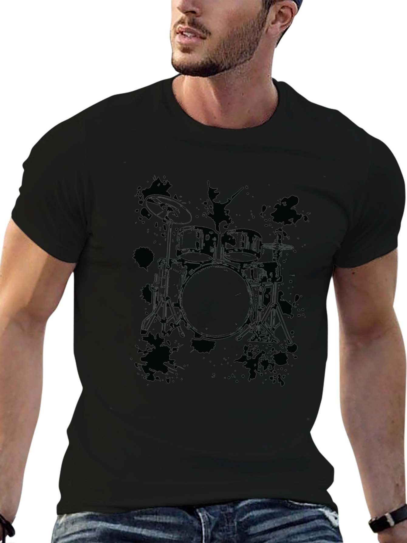 Camiseta Negra con Estampado de Batería