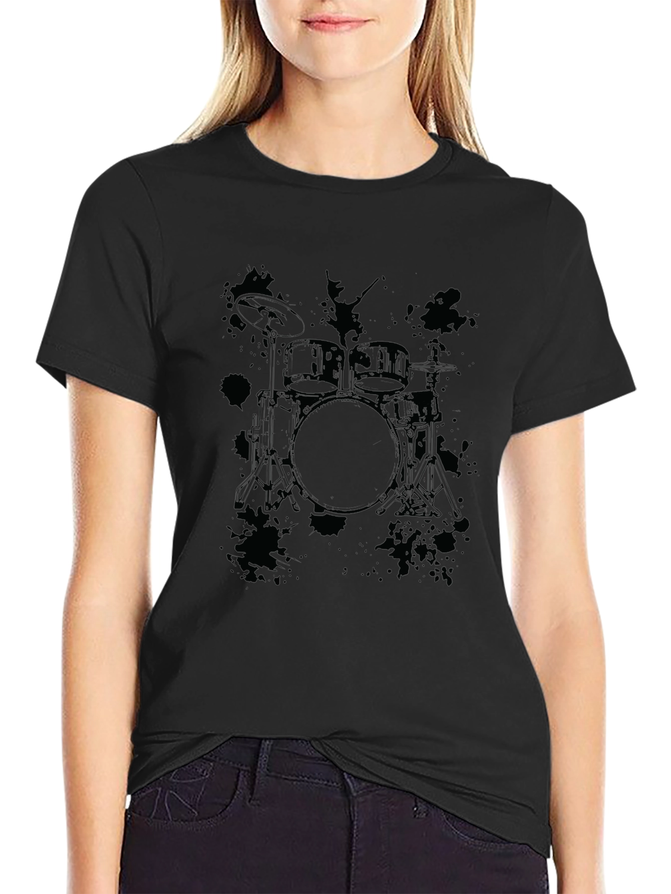 Camiseta Negra con Estampado de Batería