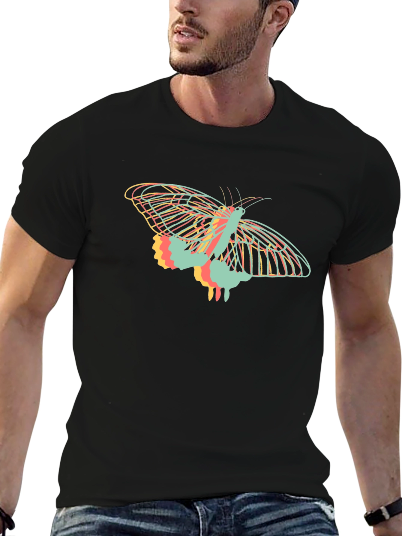 Camiseta Negra con Diseño de Mariposa Abstracta