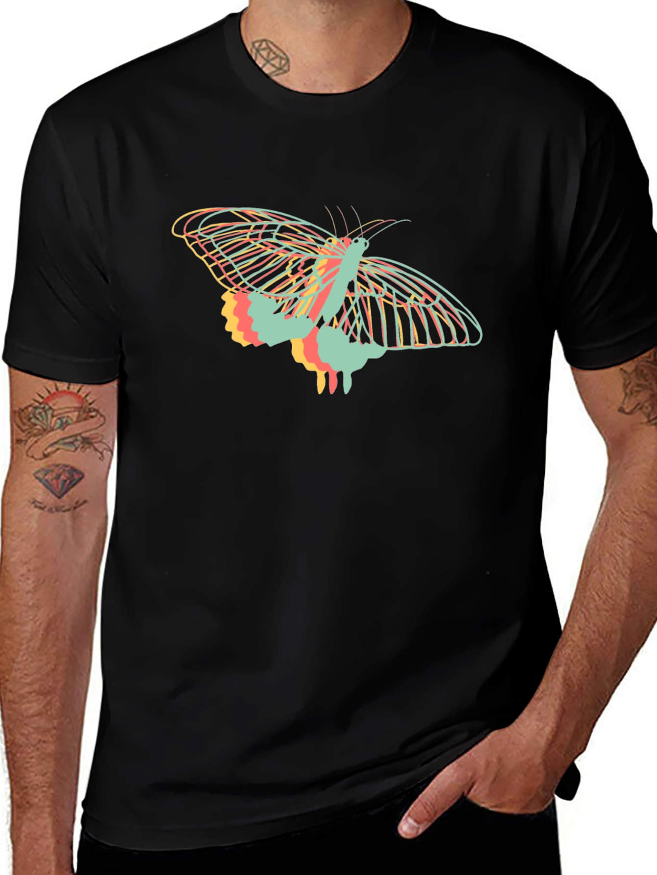 Camiseta Negra con Diseño de Mariposa Abstracta