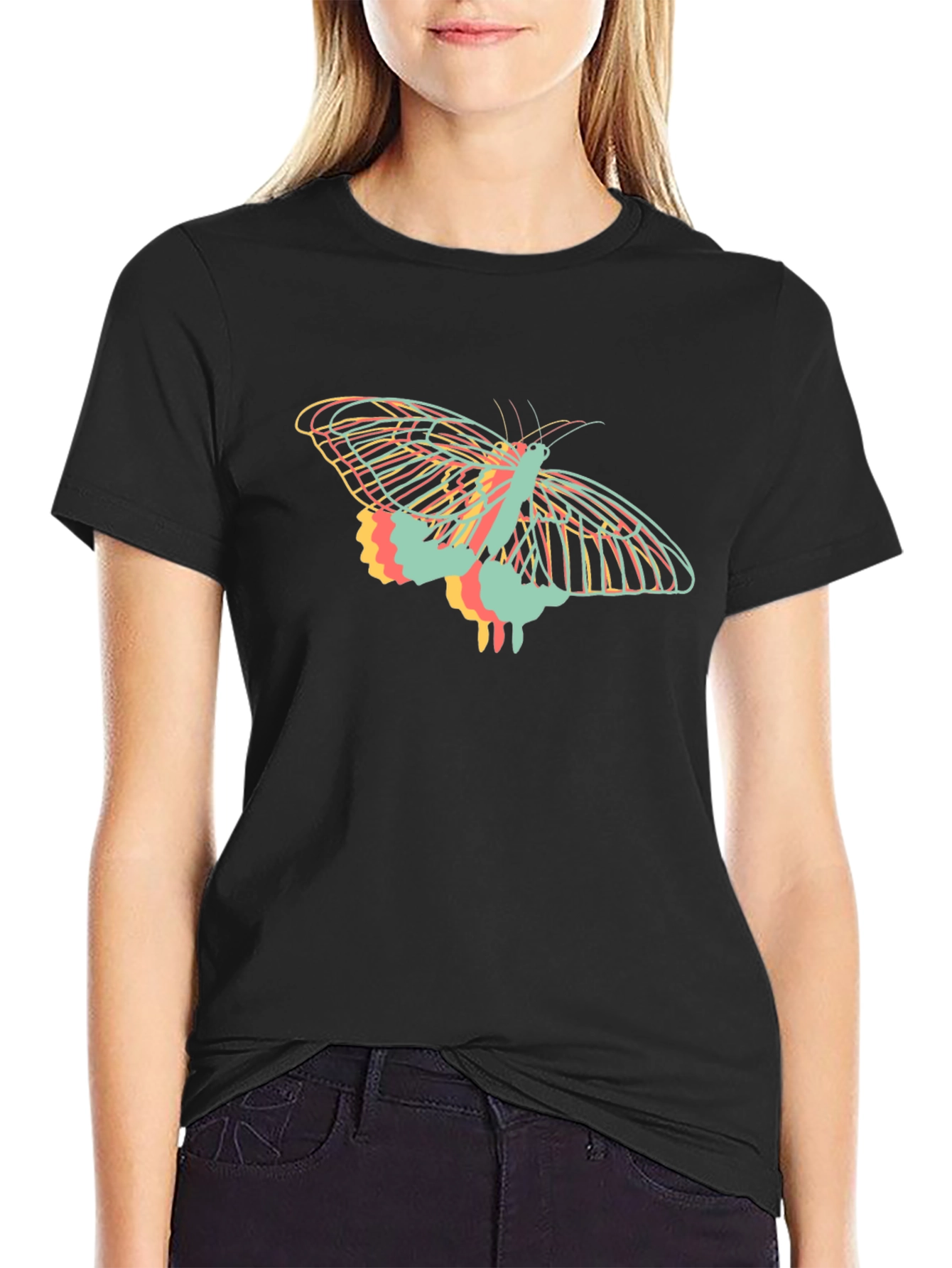 Camiseta Negra con Diseño de Mariposa Abstracta