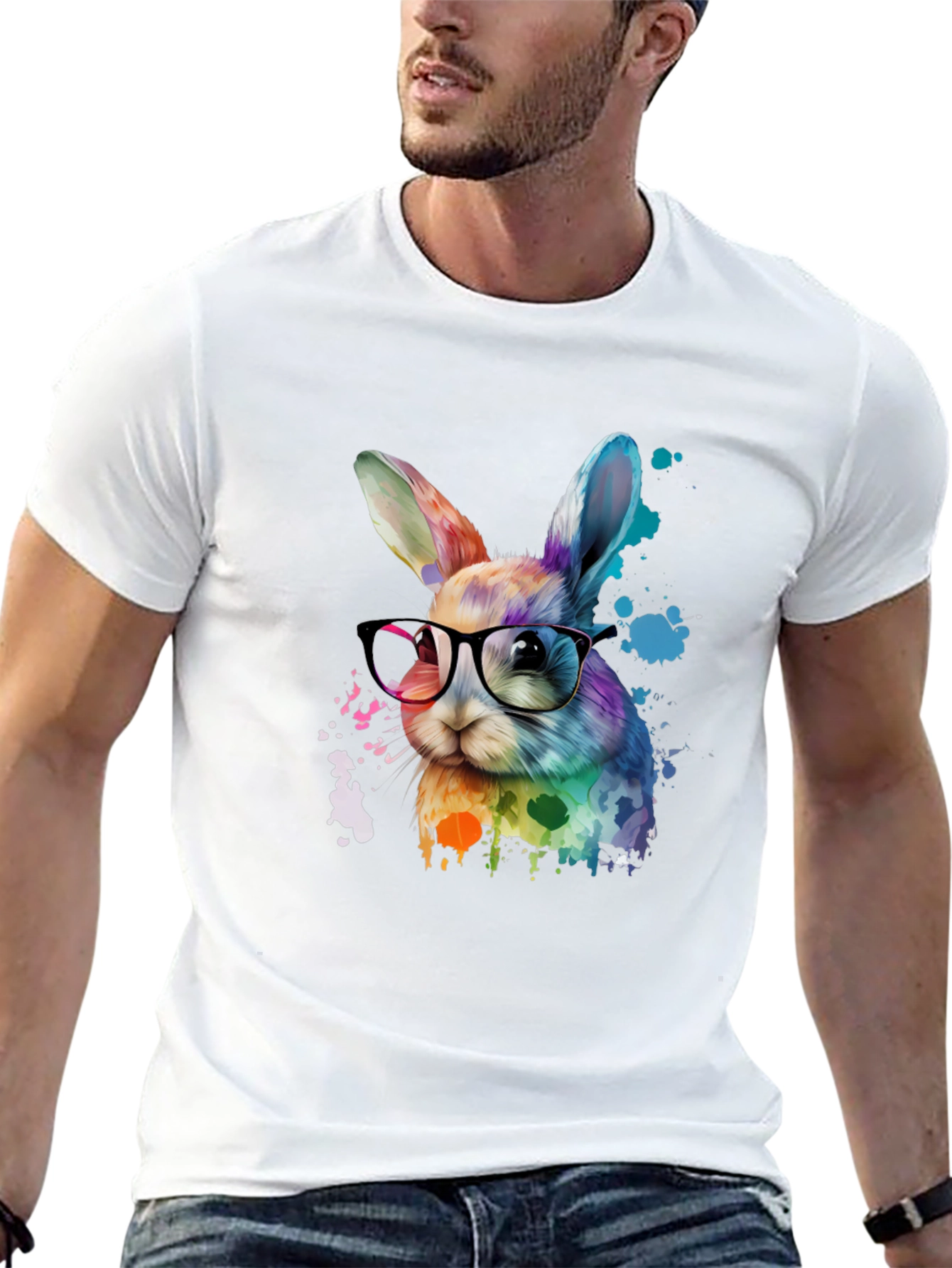 Camiseta Negra con Conejo Nerd Acuarela