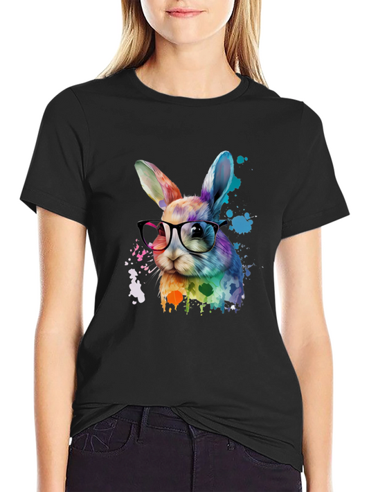 Camiseta Negra con Conejo Nerd Acuarela