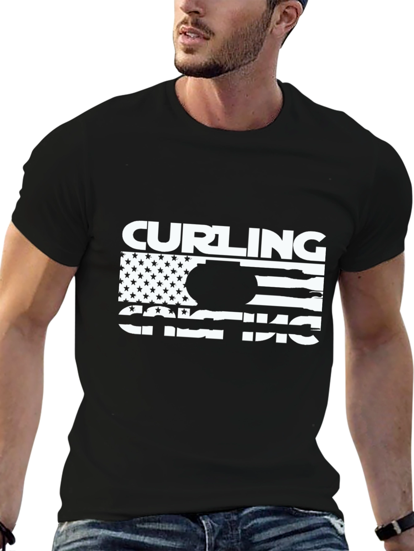 Camiseta Negra de Curling Diseño Bandera Americana