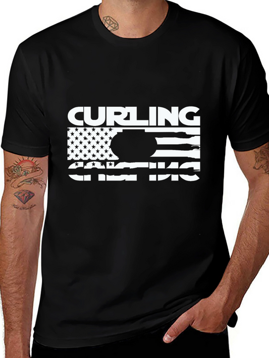 Camiseta Negra de Curling Diseño Bandera Americana