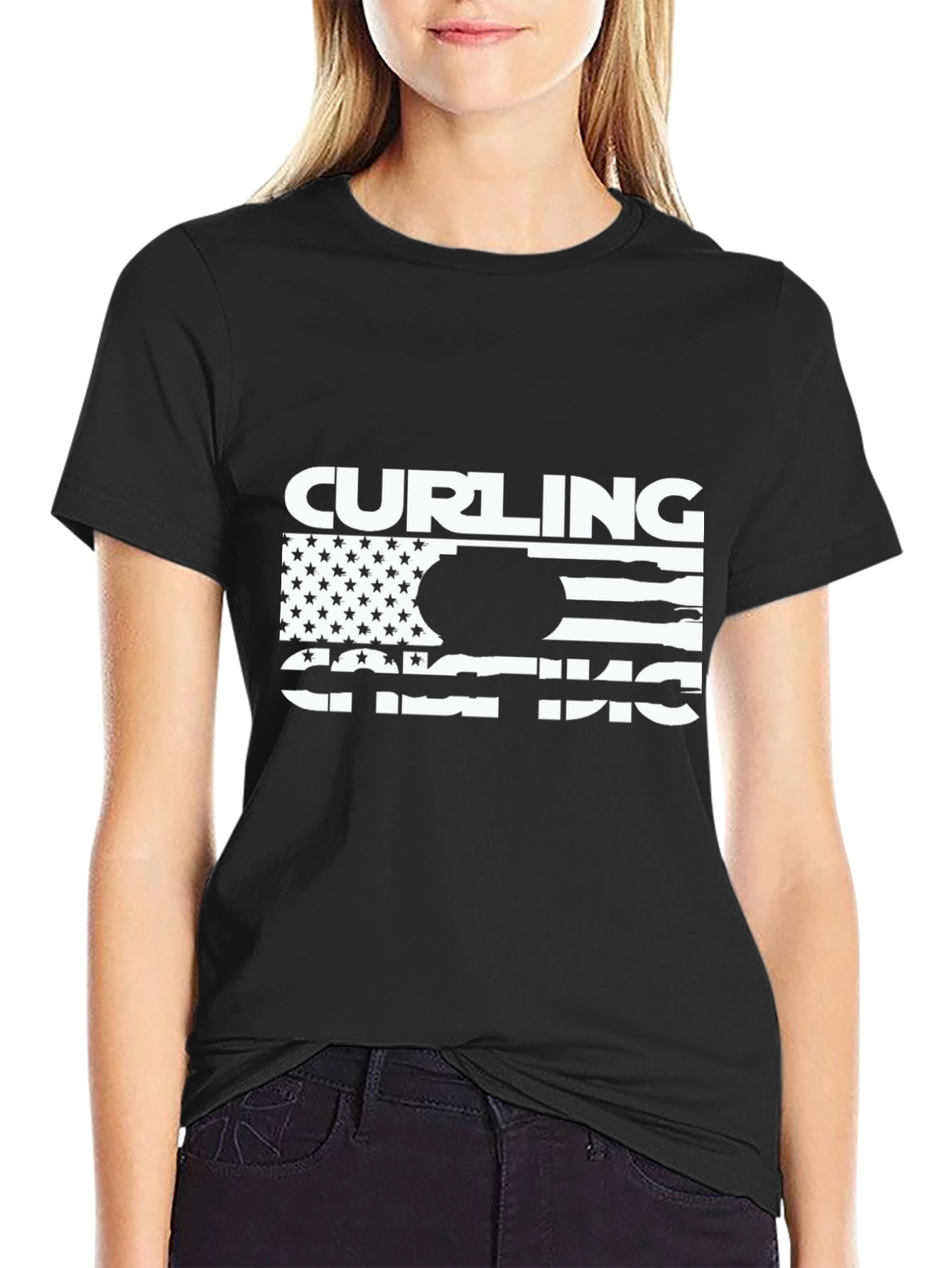 Camiseta Negra de Curling Diseño Bandera Americana