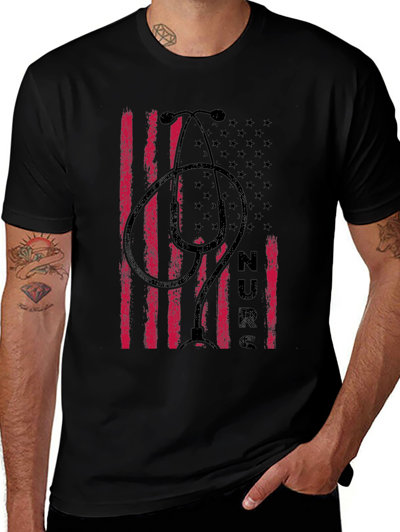 Camiseta Negra con Diseño de Enfermera Americana