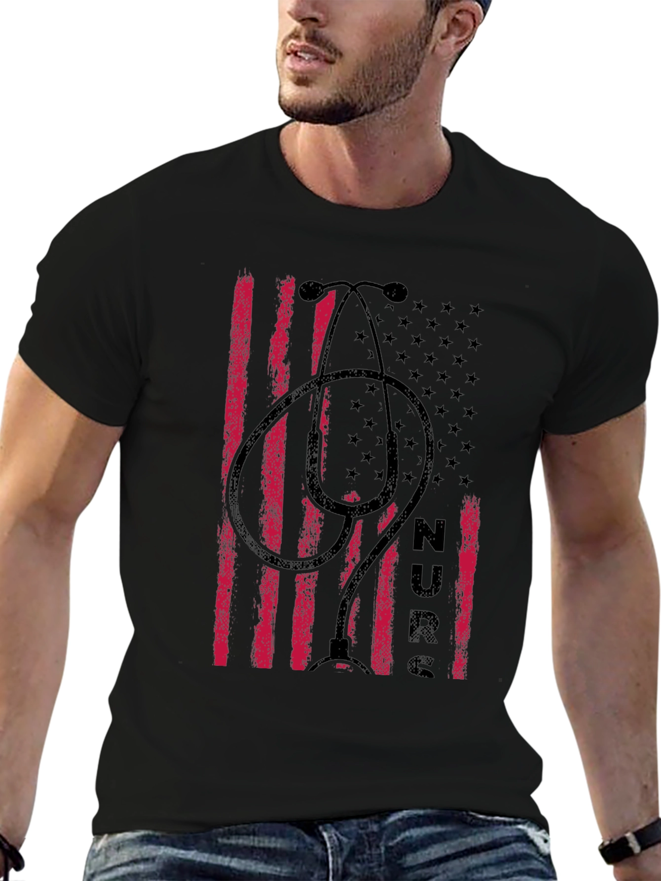 Camiseta Negra con Diseño de Enfermera Americana