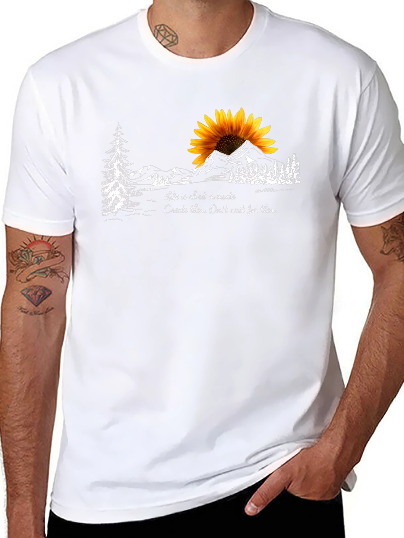 Camiseta Negra con Diseño de Girasol y Montañas