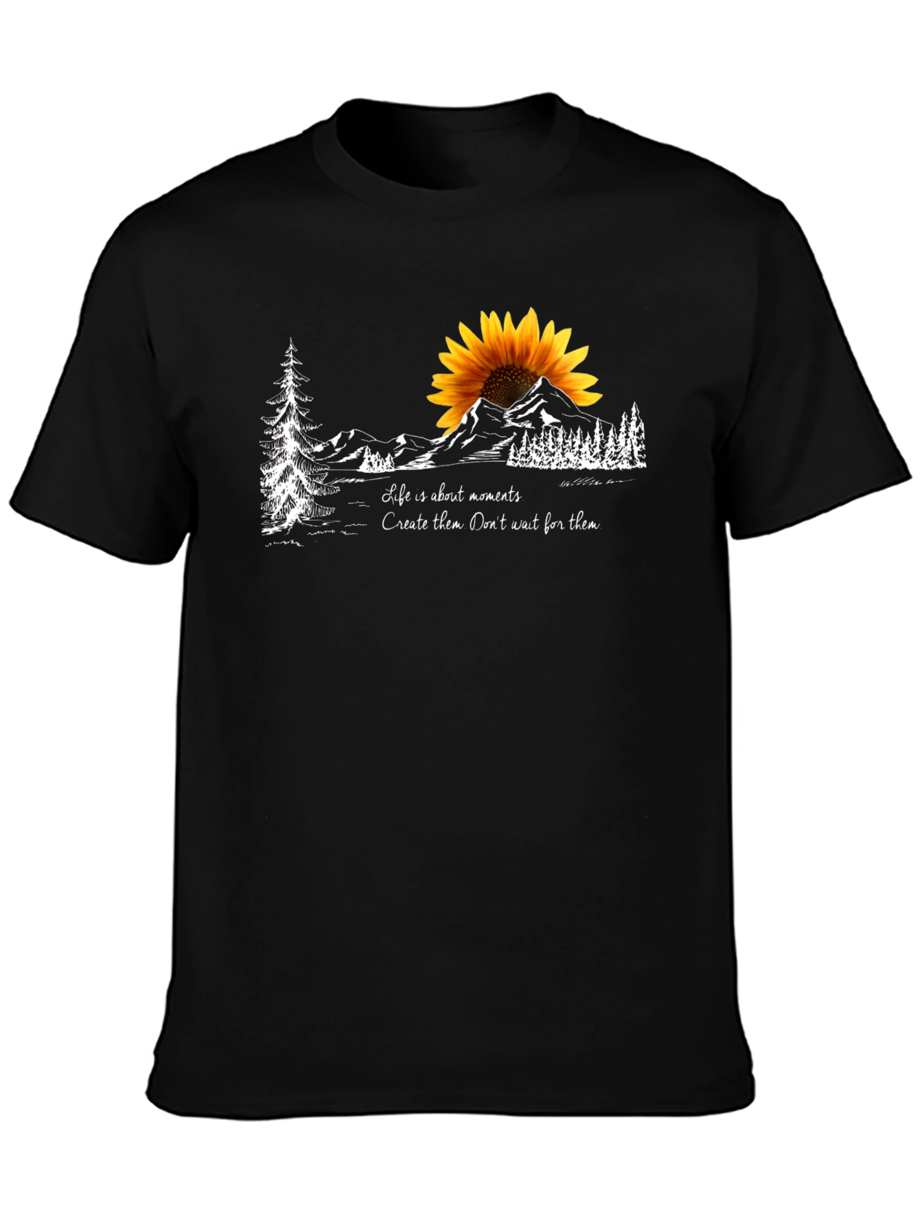 Camiseta Negra con Diseño de Girasol y Montañas