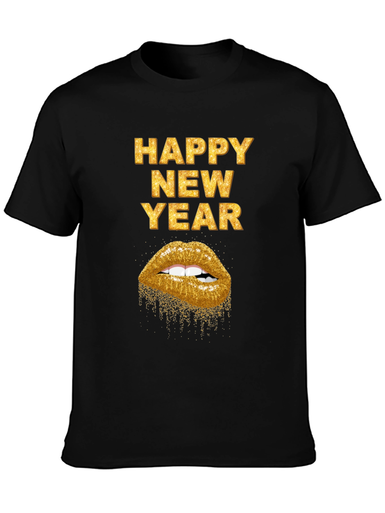 Camiseta Negra Feliz Año Nuevo con Labios Dorados