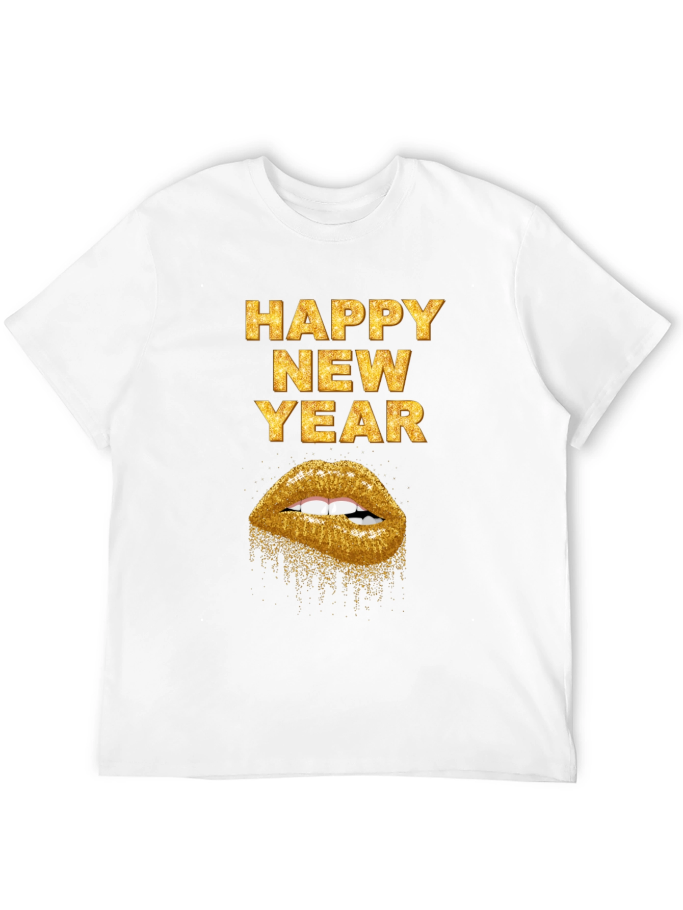 Camiseta Negra Feliz Año Nuevo con Labios Dorados