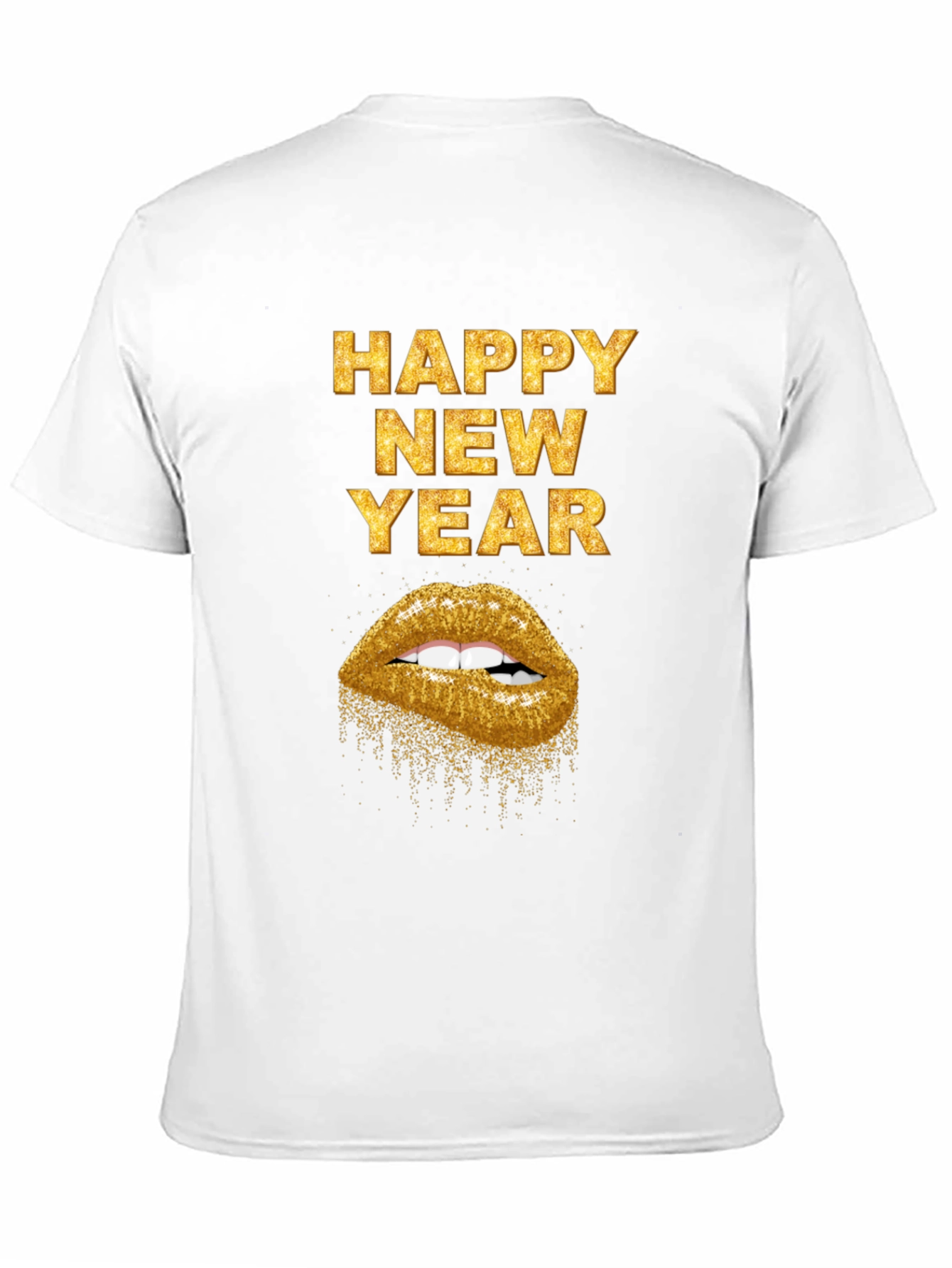 Camiseta Negra Feliz Año Nuevo con Labios Dorados