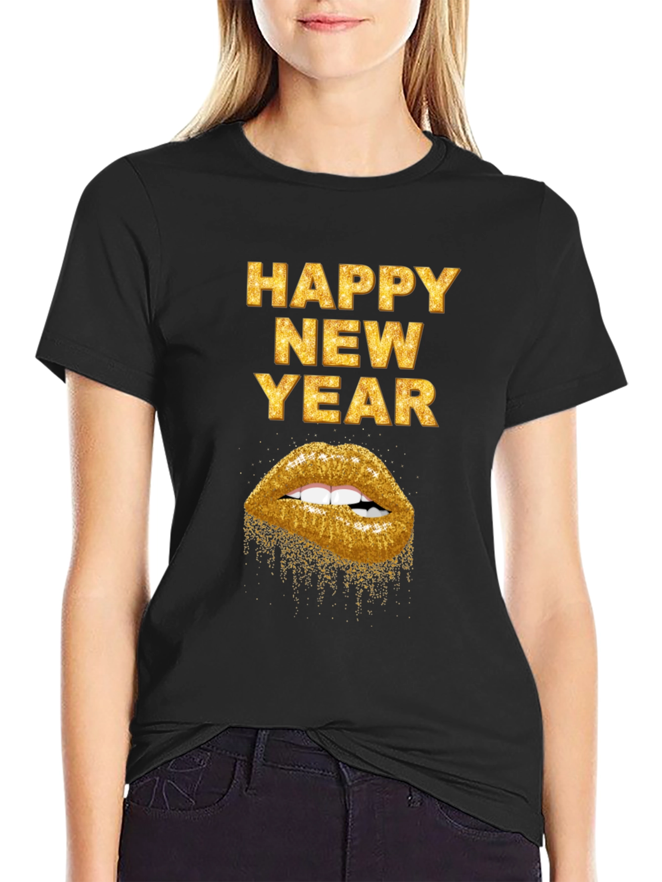 Camiseta Negra Feliz Año Nuevo con Labios Dorados