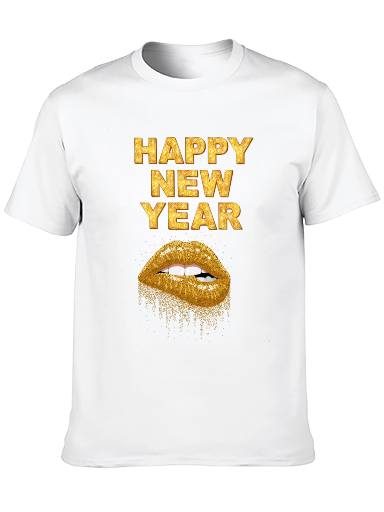 Camiseta Negra Feliz Año Nuevo con Labios Dorados