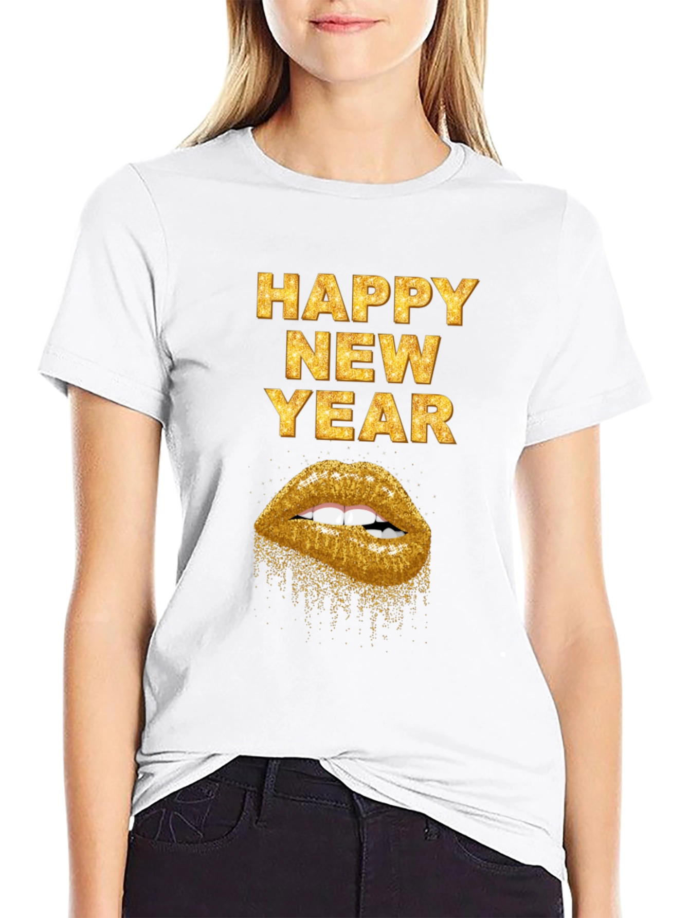 Camiseta Negra Feliz Año Nuevo con Labios Dorados